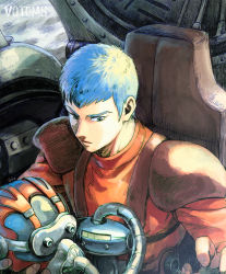 1boy blue_eyes blue_hair chirico_cuvie cockpit helmet holding holding_helmet looking_down mecha military pilot_suit robot science_fiction scopedog solo soukou_kihei_votoms toko_(tokkotoritori)