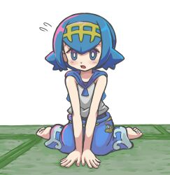 1girl :o barefoot belt black_one-piece_swimsuit blue_eyes blue_hair blue_pants blue_sailor_collar bright_pupils charm_(object) commentary_request feet flying_sweatdrops full_body hairband kneeling lana_(pokemon) nintendo no_sclera one-piece_swimsuit open_mouth own_hands_together pants pokemon pokemon_sm sailor_collar shirt sleeveless sleeveless_shirt solo swimsuit swimsuit_under_clothes takamame tatami toes wave_print white_pupils