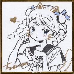 1girl absurdres animal_ears bare_arms blue_bow blue_eyes bow bowtie braid bun_cover cat_ears cat_tail chinese_commentary clenched_hands commentary_request dot_nose double_bun drawn_ears drawn_tail drawn_whiskers expressionless eyelashes frilled_sailor_collar frills greyscale hair_bow hair_bun heart hidari_(nanmu-left) highres light_blush long_hair monochrome open_mouth original paw_pose sailor_collar school_uniform serafuku shirt short_sleeves signature solo tail tareme traditional_media triangle_mouth twin_braids upper_body watermark weibo_watermark