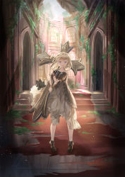 1girl absurdres altar ankle_boots arms_up bare_shoulders blonde_hair blue_eyes blue_gemstone boots brown_boots brown_dress church collarbone commentary cross crying crying_with_eyes_open dress expressionless floating_hair fumizuki_lily gem highres holding holding_cross jewelry large_cross light_particles light_rays looking_at_viewer medium_hair original overgrown pendant puffy_short_sleeves puffy_sleeves red_carpet ribbon ruins short_sleeves solo standing stone_floor strapless strapless_dress sunbeam sunlight tears wide_shot window wrist_ribbon