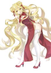 Rule 34 | 1girl, absurdres, ao wakaba, blonde hair, blush, breasts, china dress, chinese clothes, cleavage, cleavage cutout, clothing cutout, date a live, double bun, dress, full body, hair between eyes, hair bun, hair ornament, high heels, highres, hoshimiya mukuro, large breasts, long hair, looking at viewer, open mouth, red dress, red shoes, shoes, smile, solo, tassel, tassel hair ornament, thighhighs, very long hair, white background, white thighhighs, yellow eyes