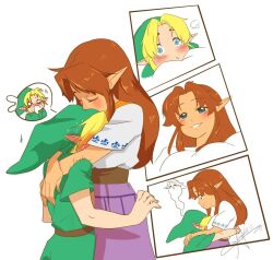 1boy 1girl age_difference anahbeltran belt blonde_hair blue_eyes blush breast_smother brown_belt child closed_eyes cremia face_to_breasts giving_up_the_ghost green_hat green_tunic grin hat hetero highres hug link long_hair nintendo onee-shota orange_hair pointy_ears purple_skirt shirt shirt_tucked_in short_hair signature skirt smile the_legend_of_zelda the_legend_of_zelda:_majora&#039;s_mask tunic white_background white_shirt young_link