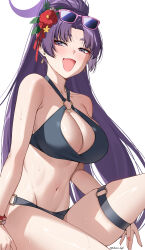 1girl absurdres armpit_crease bikini black_bikini blue_eyes blush breasts cleavage deras eyewear_on_head fang flower hair_flower hair_ornament halo highres large_breasts long_hair looking_at_viewer navel o-ring o-ring_bikini o-ring_thigh_strap official_alternate_costume official_alternate_hairstyle open_mouth pink-framed_eyewear ponytail purple_eyes purple_hair purple_halo red_flower simple_background skin_fang skindentation smile solo swimsuit thigh_strap thighs very_long_hair white_background yukari_(blue_archive) yukari_(swimsuit)_(blue_archive)
