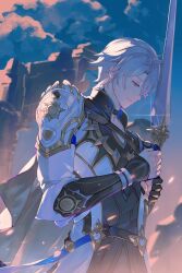 1boy absurdres armor black_choker blue_eyes choker closed_mouth cloud cloudy_sky coat fingerless_gloves from_side glint gloves hair_between_eyes highres holding holding_sword holding_weapon honkai:_star_rail honkai_(series) kanangnsn looking_down male_focus outdoors phainon_(honkai:_star_rail) ruins short_hair shoulder_armor sky solo sword upper_body weapon white_coat white_hair