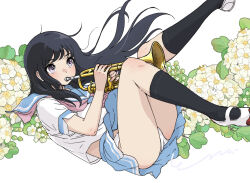 Rule 34 | 1girl, ass, black hair, blue sailor collar, blue skirt, floating hair, flower, full body, hibike! euphonium, holding, holding instrument, instrument, kousaka reina, lying, miniskirt, music, neckerchief, on back, panties, pantyshot, playing instrument, pleated skirt, purple eyes, sailor collar, school uniform, serafuku, short sleeves, skirt, solo, tono51044448, trumpet, underwear, white flower, white panties