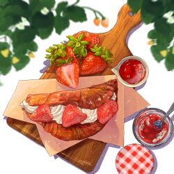 blurry commentary_request croissant depth_of_field flower food food_focus fruit gingham glass_plate highres jam leaf miri_illust no_humans original spoon still_life strawberry whipped_cream white_flower