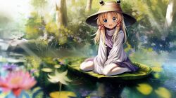 1girl :d blonde_hair blue_eyes commentary flower flower_request full_body hat light_rays lily_pad long_hair long_sleeves looking_at_viewer moriya_suwako open_mouth outdoors pantyhose purple_vest pyonta ribbon sitting smile solo sunbeam sunlight symbol-only_commentary touhou tree vest wariza water white_pantyhose xiirus