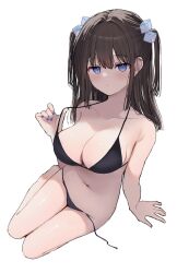 1girl arm_support bare_shoulders bikini black_bikini blue_eyes blue_nails blush breasts brown_hair closed_mouth collarbone commentary cube_hair_ornament fingernails full_body hair_between_eyes hair_intakes hair_ornament hand_up highres kohaku_(csacu) large_breasts leaning_to_the_side looking_at_viewer navel original simple_background sitting solo strap_pull string_bikini swimsuit two_side_up untied_bikini white_background yokozuwari
