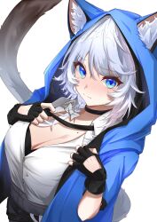 1girl alternate_costume animal_ears animal_hood black_bra black_choker black_gloves blue_eyes blue_hood blush bra bra_peek breasts cat_ears cat_girl cat_hood cat_tail choker cipher_(honkai:_star_rail) cleavage commentary_request fingerless_gloves gloves grey_hair highres honkai:_star_rail honkai_(series) hood large_breasts mole mole_on_breast puyopuyo_10 shirt short_hair_with_long_locks simple_background solo tail underwear white_background white_shirt