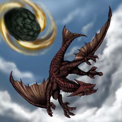 blue_sky claws cloud cloudy_sky crest daiei_film energy exhaust fins fire fish_tail flying gamera gamera:_guardian_of_the_universe gamera_(series) giant giant_monster gyaos kaiju monster motion_blur no_humans open_mouth orange_eyes plasma satoru33 sky spinning super_gyaos tail talons tongue tongue_out turtle turtle_shell wings
