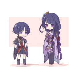 1boy 1girl arm_at_side armor black_kimono black_shorts black_sleeves black_socks black_thighhighs blunt_bangs blunt_ends blush_stickers brother_and_sister closed_mouth corn_kuten electro_symbol_(genshin_impact) expressionless flower genshin_impact gold gold_trim hair_flower hair_ornament han&#039;eri hand_on_own_hip japanese_armor japanese_clothes jewelry jitome kimono kimono_skirt kote kurokote layered_clothes layered_kimono layered_sleeves long_hair long_sleeves looking_at_another low-braided_long_hair low-tied_long_hair multicolored_hair neck_ring obi obiage obijime off_shoulder open_clothes open_kimono purple_eyes purple_flower purple_hair purple_kimono purple_rope purple_sleeves raiden_shogun red_kimono red_ribbon red_sash ribbon rope sash scaramouche_(genshin_impact) shimenawa short_sleeves shorts shrug_(clothing) siblings single_sidelock smile socks standing streaked_hair thighhighs v-shaped_eyebrows very_long_hair vision_(genshin_impact) white_background white_rope white_trim wide_sleeves