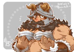 1boy bara beard belly blush chest_sarashi constricted_pupils covering_chest covering_privates dark-skinned_male dark_skin derivative_work dungeon_meshi dwarf facial_hair fake_horns fat fat_man helmet horned_helmet horns kano_(kano_to10) long_beard looking_at_viewer male_focus muscular muscular_male mustache nervous_sweating nose_blush sarashi screenshot_redraw senshi_(dungeon_meshi) solo sweat thick_mustache upper_body very_long_beard