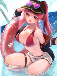 1girl absurdres black_hat black_jacket breasts cleavage dated ebi_tomaa gold_necklace hat heart heart-shaped_pupils heterochromia highres hololive houshou_marine houshou_marine_(summer) innertube jacket jewelry large_breasts navel necklace ocean off_shoulder open_clothes open_jacket open_mouth ponytail purple-tinted_eyewear red_eyes red_hair shorts signature sleeves_past_wrists solo swim_ring symbol-shaped_pupils thigh_strap tinted_eyewear virtual_youtuber wet white_shorts yellow_eyes