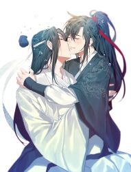 Rule 34 | 2boys, black hair, black hanfu, blush, chinese clothes, closed eyes, closed mouth, couple, hair ribbon, hanfu, headband, high ponytail, highres, hug, jujeop, kiss, kissing cheek, korean commentary, lan wangji, long hair, long sleeves, male focus, modao zushi, multiple boys, pants, ponytail, red ribbon, ribbon, robe, sidelocks, simple background, sitting, sitting on lap, sitting on person, sleeves past wrists, smile, topknot, water drop, wei wuxian, white background, white hanfu, white headband, white pants, wide sleeves, xiao guan (headdress), yaoi