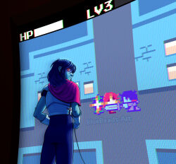 1other alt_text armor artist_name blue_hair blue_skin bluebead cape colored_skin commentary deltarune doobie_ralsei_(meme) english_commentary highres kris_(dark_world)_(deltarune) kris_(deltarune) looking_back medium_hair meme pink_cape pink_eyes pink_scarf scarf solo standing susie_(deltarune)
