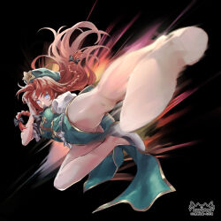 1girl blue_eyes braid chinese_clothes flying_kick full_body green_skirt green_vest hat hat_ornament hayaten hong_meiling kicking legs long_hair red_hair shirt short_sleeves simple_background skirt solo star_(symbol) star_hat_ornament thighs touhou twin_braids vest watermark white_shirt