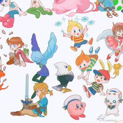 3girls 4boys animal_crossing apollo_(animal_crossing) aria_(manga) aria_pokoteng arms_up baseball_cap blonde_hair blue_dress blue_shorts boots brown_shorts bunny_hood_(zelda) cape cardcaptor_sakura casting_spell cherry_blossoms chroniko claus_(mother_3) dress egg falling fi_(zelda) frog green_eyes green_pants grey_pants hat highres holding holding_sword holding_weapon kaeru_no_tame_ni_kane_wa_naru kaiba kaiba_(character) kero_(cardcaptor_sakura) kinomoto_sakura kinomoto_sakura_(magician) kirby kirby_(series) lion_(steven_universe) lucas_(mother_3) marin_(zelda) memi_(gamemix) mother_(series) mother_2 mother_3 multiple_boys multiple_girls ness_(mother_2) nintendo on_one_knee open_mouth pants pantyhose red_cape red_footwear red_hat sabure_oukoku_no_ouji sailor_hat sandals shirt shorts socks sparkle steven_universe striped_clothes striped_shirt super_smash_bros. sword the_legend_of_zelda the_legend_of_zelda:_breath_of_the_wild the_legend_of_zelda:_link&#039;s_awakening the_legend_of_zelda:_skyward_sword weapon white_background white_hat white_pantyhose white_socks
