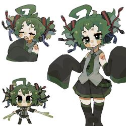 1girl ahoge arm_tattoo blush boots cable chibi chibi_inset closed_eyes closed_mouth collared_shirt detached_sleeves dot_nose eyelashes green_eyes green_hair green_necktie green_trim hatsune_miku headset lips long_sleeves looking_at_viewer makeup multiple_views necktie nose_blush number_tattoo rouge_(makeup) shirt short_eyebrows shoulder_tattoo sidelocks skirt sleeves_past_fingers sleeves_past_wrists suuroku tattoo very_long_sleeves vocaloid white_background yawning