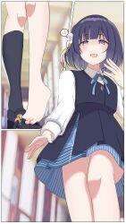 Rule 34 | 1boy, 1girl, absurdres, black overskirt, black socks, blue ribbon, felleo105, flower, gakuen idolmaster, hair flower, hair ornament, hataya misuzu, hatsuboshi gakuen school uniform, heart, highres, idolmaster, kneehighs, long sleeves, looking at viewer, looking down, mini person, miniboy, mole, mole under mouth, neck ribbon, p-head producer, panties, pantyshot, producer (idolmaster), purple hair, ribbon, school uniform, shirt, short hair, single kneehigh, single sock, smile, socks, spoken heart, underwear, white panties, white shirt