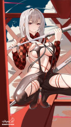 1girl absurdres angrycat_(tkuw2438) bodysuit breasts brown_eyes checkered_clothes closed_mouth clothing_cutout goddess_of_victory:_nikke grey_hair high_heels highres large_breasts latex latex_bodysuit long_hair long_sleeves looking_at_viewer navel official_alternate_costume red_shrug scarlet_(nikke) scarlet_(racer&#039;s_high)_(nikke) skin_tight smile solo stellar_blade stomach strap sword weapon