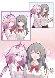 2girls alternate_costume black_skirt bow bowtie castorice_(honkai:_star_rail) collared_shirt commentary_request grey_hair highres honkai:_star_rail honkai_(series) hsrmangakichi long_hair long_sleeves looking_at_viewer multiple_girls open_mouth pink_hair pointy_ears purple_eyes red_bow red_bowtie school_uniform shirt skirt smile stelle_(honkai:_star_rail) trailblazer_(honkai:_star_rail) twintails white_shirt yellow_eyes