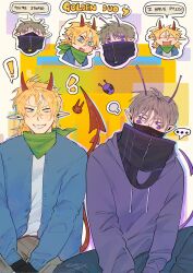 ! ... 2boys abstract_background adapted_costume alien alternate_costume alternate_hair_length alternate_hairstyle animification antennae blonde_hair blue_eyes blue_jacket braid chibi chibi_inset commentary corrupted_twitter_file demon_boy demon_horns demon_tail denim dream_smp english_commentary english_text extra_eyes green_neckerchief highres hood hoodie horns jacket jeans kuro_(isxconyx) long_hair male_focus minecraft_youtube multicolored_hair multiple_boys neckerchief pants pointy_ears purple_eyes purple_hoodie purpled scar scar_across_eye scar_on_face short_hair sitting speech_bubble streaked_hair tail tommyinnit