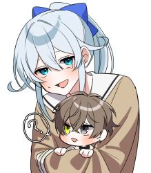 Rule 34 | 1boy, 1girl, alban knox, alban knox (2nd costume), blue bow, blue eyes, bow, brown hair, earrings, green eyes, grey eyes, grey hair, hair bow, heterochromia, highres, jewelry, long hair, nana72710193, nijisanji, nijisanji en, open mouth, ponytail, smile, virtual youtuber, yukishiro mahiro, yukishiro mahiro (2nd costume)