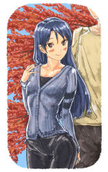 1boy 1girl black_pants blue_cardigan blue_hair blush border breasts brown_eyes cardigan casual closed_mouth collarbone commentary_request cowboy_shot day hand_up highres idolmaster idolmaster_(classic) kisaragi_chihaya long_hair long_sleeves ooeyama_ken out_of_frame outdoors pants small_breasts smile standing v-neck white_border