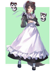 1girl :3 :d a-er_(akkij0358) animal_ears apron asymmetrical_bangs banken_(inui_toko) bib_collar black_dress black_shoes border breasts brown_hair bun_cover collared_dress commentary_request creature dog_ears dog_girl dog_tail dress floating flower frilled_apron frills full_body green_background hair_flower hair_ornament heterochromia holding holding_teapot inui_toko inui_toko_(7th_costume) juliet_sleeves long_dress long_sleeves looking_at_viewer maid maid_headdress mary_janes neck_ribbon nijisanji open_mouth outside_border puffy_sleeves red_eyes red_ribbon ribbon shoes simple_background sleeve_cuffs small_breasts smile socks tail teapot virtual_youtuber waist_apron white_apron white_border white_headdress white_socks yellow_eyes