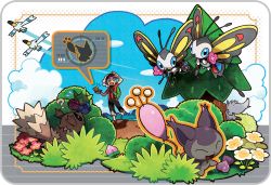 1boy :d ? artist_request backpack bag beautifly berry_(pokemon) bird black_pants blue_eyes blue_sky border brendan_(pokemon) brown_hair bug bush butterfly coloud creature day drooling emphasis_lines flower flying food fruit gen_3_pokemon grass grey_border happy hat hiding holding holding_flower insect looking_up male_focus motion_lines nintendo official_art open_mouth outdoors pants pecha_berry pine_tree pokemon pokemon_(creature) pokemon_oras pokenav_plus polka_dot poochyena road roselia_(pokemon) short_sleeves sidelocks silhouette skitty sky smile sweatdrop transparent_background tree walking white_hat wingull zigzagoon