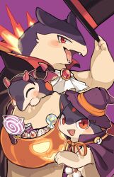 aaarkgkaaa absurdres blush candy claws creatures_(company) cyndaquil evolutionary_line fake_horns fake_wings fangs fire food game_freak gen_2_pokemon halloween halloween_bucket halloween_costume hat highres horns lollipop looking_at_viewer nintendo no_humans open_mouth pokemon pokemon_(creature) purple_background quilava red_eyes simple_background smile tongue top_hat typhlosion wings witch_hat