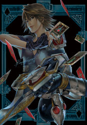 Rule 34 | 2boys, ace (playing card), ace of spades, armor, bawang-ryuuzaki, brown eyes, brown hair, card, dual persona, fingerless gloves, gloves, holding, holding card, jewelry, kamen rider, kamen rider blade, kamen rider blade (series), kenzaki kazuma, lips, male focus, multiple boys, necklace, playing card, red eyes, short hair, spade, spade (shape), sword, weapon