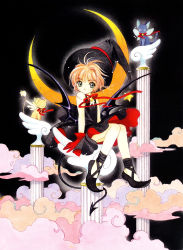 1990s_(style) 1girl absurdres black_background black_hat brown_hair cardcaptor_sakura child clamp demon_tail dress full_body hat highres kerberos kero_(cardcaptor_sakura) kinomoto_sakura official_art retro_artstyle short_hair sitting smile spinel_sun suppi tail wings witch_hat