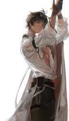 1boy absurdres arknights arms_up black_gloves black_hair black_pants blouse capelet chinese_commentary chromatic_aberration chunbuchou clapping commentary_request cowboy_shot earrings gloves grey_capelet highres jewelry looking_at_viewer looking_to_the_side male_focus open_clothes open_shirt orange_eyes pants parted_lips shirt short_hair side_cape sideways_glance simple_background single_glove solo tan thorns_(arknights) toned toned_male white_background white_shirt