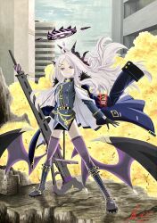 Rule 34 | absurdres, ahoge, armband, black boots, black coat, black gloves, black halo, black skirt, black thighhighs, blue archive, boots, building, coat, coat on shoulders, day, demon girl, demon horns, demon wings, full body, gloves, gun, halo, highres, hina (blue archive), holding, holding gun, holding weapon, horns, long hair, looking at viewer, machine gun, maoze, mg42, outdoors, purple eyes, red armband, skirt, standing, thighhighs, traditional media, weapon, white hair, wings