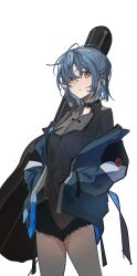 1girl absurdres belt bigchaping black_belt black_choker black_shirt black_shorts blue_hair blue_jacket blush bocchi_the_rock! choker closed_mouth collared_shirt cowboy_shot cutoffs hair_between_eyes hands_in_pockets highres instrument_case jacket jacket_partially_removed long_sleeves looking_at_viewer shirt short_hair short_shorts shorts sidelocks simple_background solo standing untucked_shirt white_background wing_collar yamada_ryo yellow_eyes