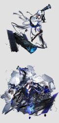 Rule 34 | 1girl, absurdres, bare shoulders, black dress, black footwear, blue eyes, blue gloves, blue hair, boots, breasts, clothing cutout, darkstar hubble (neural cloud), dress, elbow gloves, faux figurine, floating hair, from side, full body, girls&#039; frontline, girls&#039; frontline neural cloud, gloves, grey background, high heels, highres, hubble (neural cloud), incredibly absurdres, jacket, large breasts, leg up, long hair, multiple views, official art, porafree, satellite, shards, short dress, side cutout, sideboob, standing, standing on one leg, telescope, thigh boots, two-tone dress, very long hair, white dress, white jacket