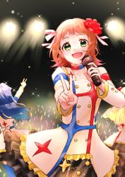 3girls absurdres amami_haruka audience black_skirt blonde_hair blue_choker blue_hair blush brown_hair choker concert flower frilled_skirt frills glowstick green_eyes hair_flower hair_ornament hair_ribbon hands_up highres hogehogemoji06 holding holding_microphone hoshii_miki idolmaster idolmaster_(classic) idolmaster_movie kisaragi_chihaya long_hair long_sleeves looking_at_viewer microphone multiple_girls nail_polish open_mouth red_choker red_flower red_rose ribbon rose shirt short_hair skirt smile sparkle standing starpiece_memories_(idolmaster) two-tone_choker v white_ribbon white_shirt