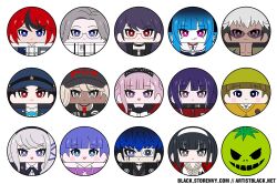 6+boys 6+girls amemiya_darumi aotsuki_eito artist_black artist_name black_eyes black_hair blonde_hair blue_eyes blue_hair blush brown_eyes brown_hair closed_mouth dark-skinned_female dark-skinned_male dark_skin ginzaki_shouma glasses grey_eyes heart highres kawana_tsubasa kirifuji_nozomi looking_at_viewer magadori_kyoshika makeup maruko_gaku mask mask_on_head matching_hair/eyes mojiro_moko multiple_boys multiple_girls omokage_yugamu oosuzuki_kurara open_mouth pink_eyes pink_hair purple_eyes purple_hair red_eyes red_hair runny_makeup shizuhara_hiruko signature smile sumino_takumi the_hundred_line_-last_defense_academy- tomato tsukumo_ima tsukumo_kako watermark web_address white_background white_hair yakushiji_takemaru