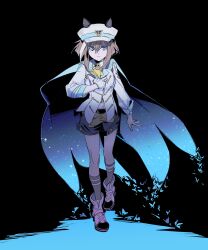 1girl absurdres anchor animal_ear_headwear animal_ears ascot belt black_background blue_cape blue_eyes blue_shorts brown_hair bug butterfly cape character_request check_character cheval_grand_(umamusume) commentary_request determined double-parted_bangs fake_animal_ears floating_cape full_body gloves hair_between_eyes hat high_tops highres insect jacket kneehighs lapels looking_at_viewer multicolored_hair navel open_clothes open_jacket peaked_cap shade shoes shorts sidelocks single_glove sleeve_cuffs sneakers socks solo standing streaked_hair umamusume walking white_gloves white_hat white_jacket white_shoes white_streaks yellow_ascot zizzu