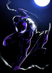 1boy absurdres animal_print black_background black_bodysuit black_theme bodysuit full_moon gradient_background highres isaacchief300 male_focus marvel mask moon moonlight motion_lines muscular muscular_male official_alternate_costume silk solo spider-man spider-man_(series) spider_print spider_web superhero_costume symbiote