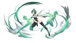 3girls absurdres ahoge black_boots black_gloves black_leotard boots clone closed_mouth collared_shirt covered_navel cross_tie dust energy full_body garter_straps gloves green_eyes green_hair half-leotard high_heels highres jumping leg_up leotard long_hair looking_at_viewer low_ponytail multicolored_hair multiple_girls official_art open_mouth ponytail rememento:_white_shadow shirt single_garter_strap single_glove streaked_hair suspenders thigh_boots very_long_hair white_background white_hair white_shirt yuri_(rememento)