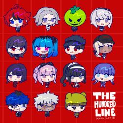 1boy 6+boys 6+girls ahoge amemiya_darumi aotsuki_eito black_eyes black_hair blonde_hair blue_eyes blue_hair blush brown_hair chibi chibi_only closed_mouth dark-skinned_female dark_skin doremiiart eyepatch full_body ginzaki_shouma glasses grey_eyes heart highres kawana_tsubasa kirifuji_nozomi looking_at_viewer magadori_kyoshika makeup maruko_gaku mask mask_on_head matching_hair/eyes messy_hair mojiro_moko multiple_boys multiple_girls omokage_yugamu one_eye_covered oosuzuki_kurara open_mouth pink_eyes pink_hair purple_hair red_background red_eyes red_hair runny_makeup shizuhara_hiruko sumino_takumi sunglasses the_hundred_line_-last_defense_academy- title tomato tongue tongue_out tsukumo_ima tsukumo_kako twintails white_hair yakushiji_takemaru