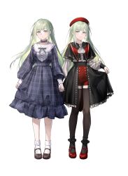 2girls ascot bang_dream! bang_dream!_it&#039;s_mygo!!!!! black_pantyhose black_socks blue_dress brooch brown_shoes choker dress dual_persona earrings frilled_choker frills full_body green_hair hat highres holding_hands jewelry long_hair long_sleeves looking_at_viewer mary_janes mortis_(bang_dream!) mortis_(costume)_(bang_dream!) multiple_girls pantyhose plaid_clothes plaid_dress puffy_long_sleeves puffy_sleeves red_hat red_shoes red_shorts shoes shorts simple_background skirt_hold socks standing straight-on umie_(iowae) wakaba_mutsumi white_ascot white_background white_socks yellow_eyes