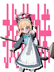Rule 34 | 1girl, :o, absurdres, animal collar, animal ear headphones, animal ears, apron, aqua ribbon, back bow, bell, black dress, black tail, blonde hair, blue archive, blush, bow, broom, cat ear headphones, cat ears, cat tail, chinese commentary, chinese text, collar, collared dress, commentary request, contrast collar, dress, drop shadow, dsfr, fake animal ears, fake tail, frilled apron, frilled dress, frills, hair bow, halo, headphones, highres, holding, holding magnifying glass, leaning to the side, long sleeves, looking at viewer, looking through magnifying glass, magnifying glass, maid headdress, momoi (blue archive), momoi (maid) (blue archive), neck bell, neck ribbon, number print, official alternate costume, official alternate hairstyle, open mouth, pantyhose, parted bangs, pink eyes, pink halo, puffy long sleeves, puffy sleeves, red bow, red collar, ribbon, shadow, short hair, short twintails, sidelocks, solo, standing, tail, text background, twintails, virtual pet (toy), white apron, white background, white bow, white headdress, white pantyhose