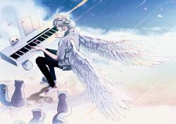 1boy animal barefoot cannot_be_empty chromatic_aberration closed_eyes cloud feathered_wings from_above full_body highres instrument invisible_chair iro_cloud male_focus music on_cloud paper piano playing_instrument playing_piano shadow short_hair sitting skoshism sky smile solo white_hair white_wings wings