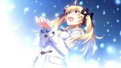 1girl :d ahoge black_ribbon blonde_hair blue_eyes breasts coat fang from_below game_cg grisaia_(series) grisaia_no_meikyuu hair_ribbon hood hood_down hooded_coat long_hair long_sleeves matsushima_michiru medium_breasts non-web_source open_hands open_mouth outdoors pocket ribbon shirt smile snowing solo toggles turtleneck turtleneck_shirt upper_body watanabe_akio white_coat