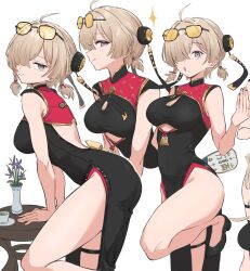 1girl absurdres bare_arms black_dress black_shoes blonde_hair breasts china_dress chinese_clothes commentary dress eyewear_on_head hair_over_one_eye hand_fan highres holding holding_fan large_breasts medium_hair multiple_views pelvic_curtain purple_eyes red_dress shoes simple_background sleeveless sleeveless_dress sweety_(zenless_zone_zero) symbol-only_commentary thigh_strap tinkie tinted_eyewear twintails two-tone_dress white_background yellow-tinted_eyewear zenless_zone_zero