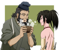 2boys beard black_hair blowing_on_food bowl brown_eyes dororo_(tezuka) facial_hair food hyakkimaru_(dororo) japanese_clothes jukai_(dororo) ku2 looking_at_another male_focus multiple_boys open_mouth ponytail prosthesis prosthetic_arm topless_male simple_background smile soup standing steam tasuki