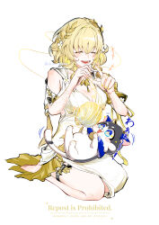 +_+ 1girl aglaea_(honkai:_star_rail) animal animal_ears animal_nose animalization artist_name bare_shoulders barefoot bell black_fur blonde_hair blue_collar blue_eyes breasts cat_tail chimera_(honkai:_star_rail) cipher_(honkai:_star_rail) claws cleavage closed_eyes collar collarbone colored_inner_hair cow_ears dress flower full_body greco-roman_clothes hair_between_eyes hair_flower hair_ornament hands_up highres honkai:_star_rail honkai_(series) horns kiguchi_hikaru large_breasts laurel_crown looking_at_object multicolored_hair nail_polish neck_bell open_mouth seiza short_hair simple_background sitting sleeveless sleeveless_dress smile sparkle tail teeth thigh_strap thread two-tone_fur wavy_hair white_background white_dress white_flower white_fur yarn yarn_ball yellow_nails